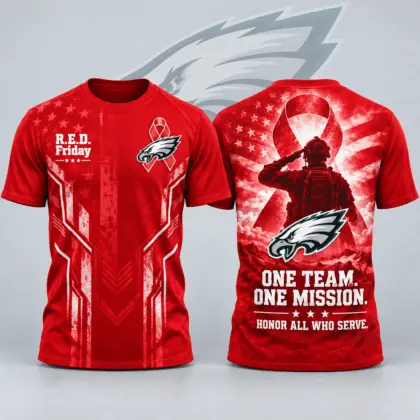 Philadelphia Eagles | Premium NFL R.E.D. Friday One Team One Mission Patriotic Soldier Tribute All Over Print Crewneck T-Shirt NDN