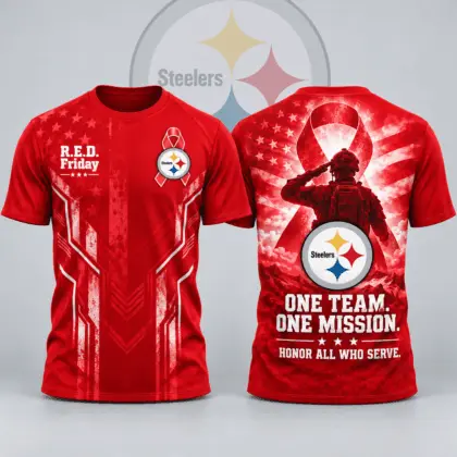 Pittsburgh Steelers | Premium NFL R.E.D. Friday One Team One Mission Patriotic Soldier Tribute All Over Print Crewneck T-Shirt NDN