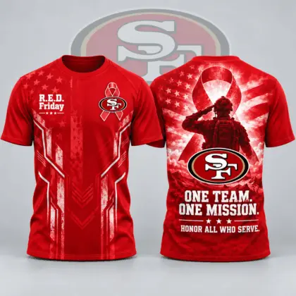 San Francisco 49ers | Premium NFL R.E.D. Friday One Team One Mission Patriotic Soldier Tribute All Over Print Crewneck T-Shirt NDN