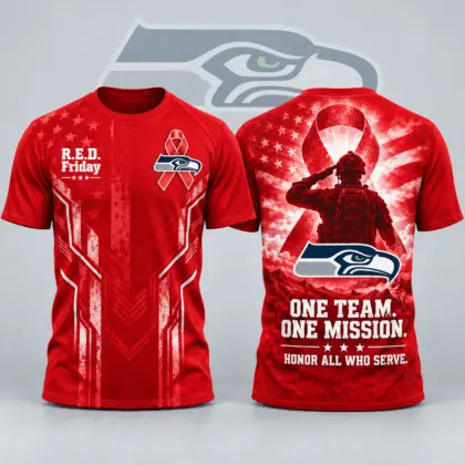 Seattle Seahawks | Premium NFL R.E.D. Friday One Team One Mission Patriotic Soldier Tribute All Over Print Crewneck T-Shirt NDN