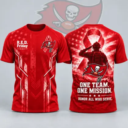 Tampa Bay Buccaneers | Premium NFL R.E.D. Friday One Team One Mission Patriotic Soldier Tribute All Over Print Crewneck T-Shirt NDN