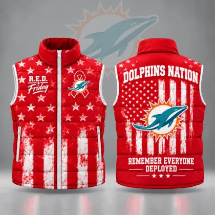 Miami Dolphins | Premium NFL R.E.D. Friday Stars and Stripes Patriotic Tribute All Over Print Zip Up Puffer Vest NDN