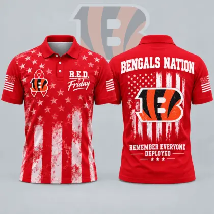 Cincinnati Bengals | Premium NFL R.E.D. Friday American Heritage Distressed Flag Ribbon Tribute All Over Print Short Sleeve Polo Shirt NDN
