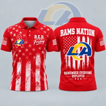 Los Angeles Rams | Premium NFL R.E.D. Friday American Heritage Distressed Flag Ribbon Tribute All Over Print Short Sleeve Polo Shirt NDN