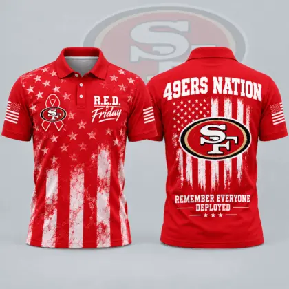 San Francisco 49ers | Premium NFL R.E.D. Friday American Heritage Distressed Flag Ribbon Tribute All Over Print Short Sleeve Polo Shirt NDN