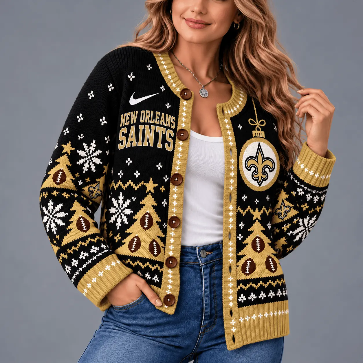 New Orleans Saints | Premium NFL Game Day Winter Wonderland Snowflake Cardigan TD - Image 2