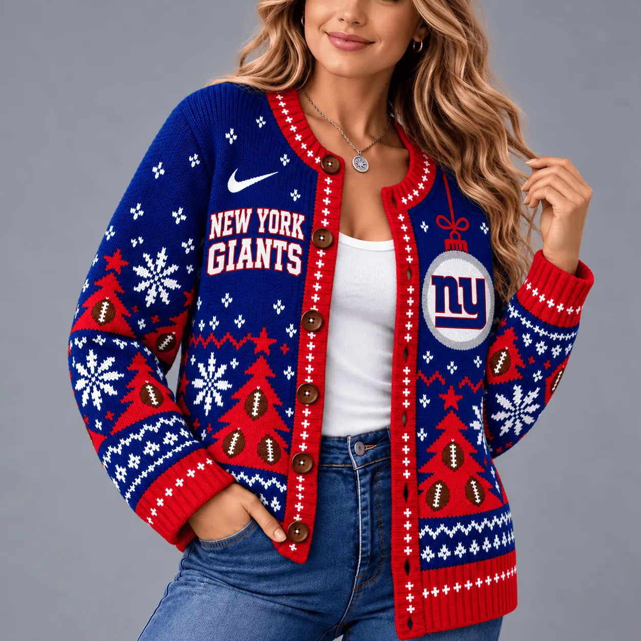 New York Giants | Premium NFL Game Day Winter Wonderland Snowflake Cardigan TD - Image 2