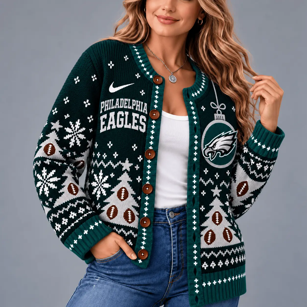 Philadelphia Eagles | Premium NFL Game Day Winter Wonderland Snowflake Cardigan TD - Image 2