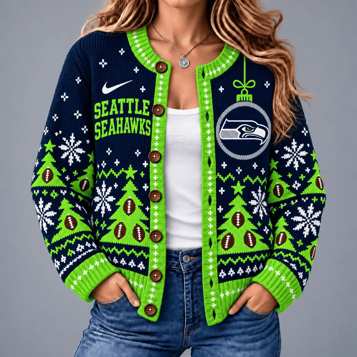 Seattle Seahawks | Premium NFL Game Day Winter Wonderland Snowflake Cardigan TD