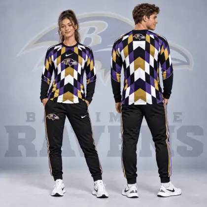 Baltimore Ravens | Premium NFL Diamond Chevron Geometric Print Long Sleeve Shirt & Striped Jogger Pants Set NDN