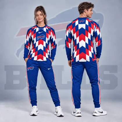 Buffalo Bills | Premium NFL Diamond Chevron Geometric Print Long Sleeve Shirt & Striped Jogger Pants Set NDN