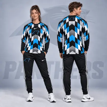 Carolina Panthers | Premium NFL Diamond Chevron Geometric Print Long Sleeve Shirt & Striped Jogger Pants Set NDN