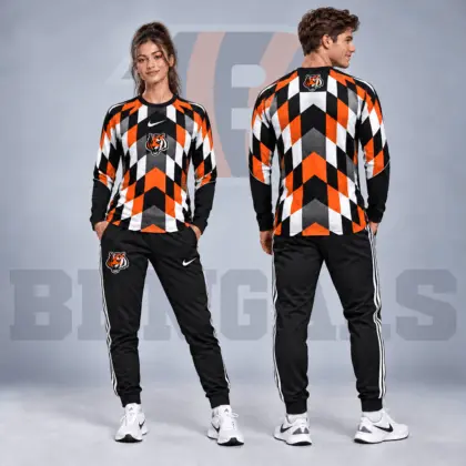 Cincinnati Bengals | Premium NFL Diamond Chevron Geometric Print Long Sleeve Shirt & Striped Jogger Pants Set NDN