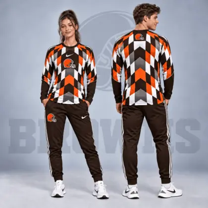 Cleveland Browns | Premium NFL Diamond Chevron Geometric Print Long Sleeve Shirt & Striped Jogger Pants Set NDN