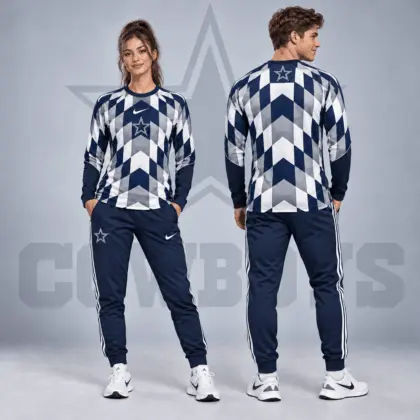 Dallas Cowboys | Premium NFL Diamond Chevron Geometric Print Long Sleeve Shirt & Striped Jogger Pants Set NDN