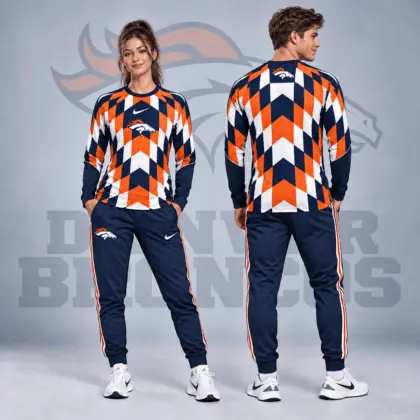 Denver Broncos | Premium NFL Diamond Chevron Geometric Print Long Sleeve Shirt & Striped Jogger Pants Set NDN