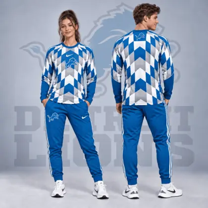 Detroit Lions | Premium NFL Diamond Chevron Geometric Print Long Sleeve Shirt & Striped Jogger Pants Set NDN