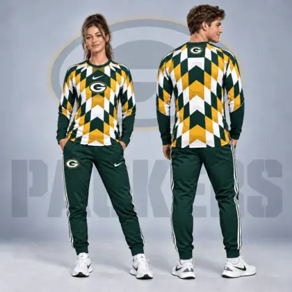 Green Bay Packers | Premium NFL Diamond Chevron Geometric Print Long Sleeve Shirt & Striped Jogger Pants Set NDN