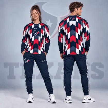 Houston Texans | Premium NFL Diamond Chevron Geometric Print Long Sleeve Shirt & Striped Jogger Pants Set NDN
