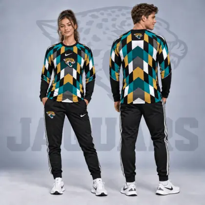 Jacksonville Jaguars | Premium NFL Diamond Chevron Geometric Print Long Sleeve Shirt & Striped Jogger Pants Set NDN