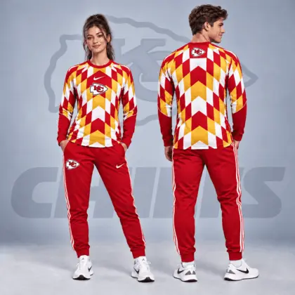 Kansas City Chiefs | Premium NFL Diamond Chevron Geometric Print Long Sleeve Shirt & Striped Jogger Pants Set NDN