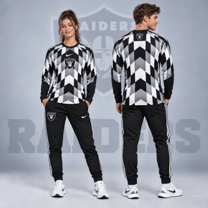 Las Vegas Raiders | Premium NFL Diamond Chevron Geometric Print Long Sleeve Shirt & Striped Jogger Pants Set NDN