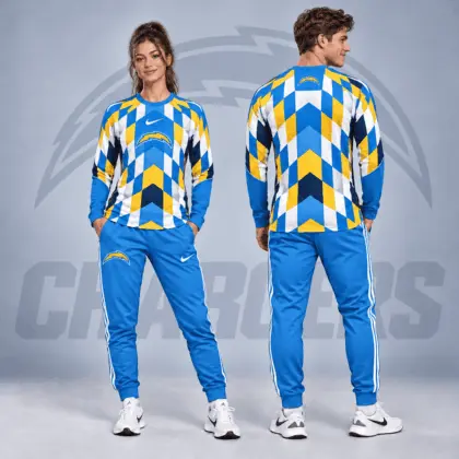 Los Angeles Chargers | Premium NFL Diamond Chevron Geometric Print Long Sleeve Shirt & Striped Jogger Pants Set NDN