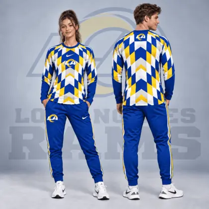 Los Angeles Rams | Premium NFL Diamond Chevron Geometric Print Long Sleeve Shirt & Striped Jogger Pants Set NDN