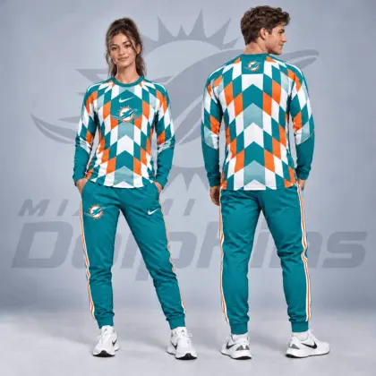 Miami Dolphins | Premium NFL Diamond Chevron Geometric Print Long Sleeve Shirt & Striped Jogger Pants Set NDN