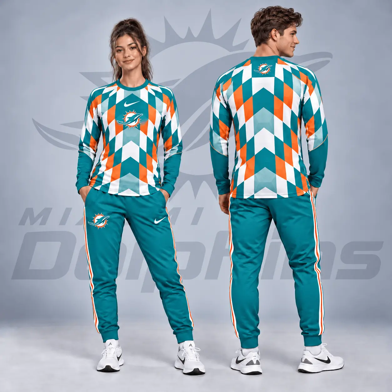 Miami Dolphins | Premium NFL Diamond Chevron Geometric Print Long Sleeve Shirt & Striped Jogger Pants Set NDN