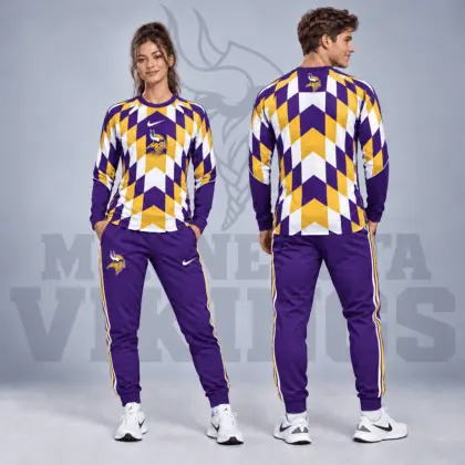 Minnesota Vikings | Premium NFL Diamond Chevron Geometric Print Long Sleeve Shirt & Striped Jogger Pants Set NDN