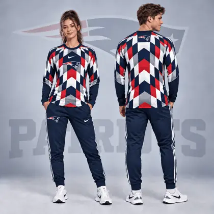 New England Patriots | Premium NFL Diamond Chevron Geometric Print Long Sleeve Shirt & Striped Jogger Pants Set NDN
