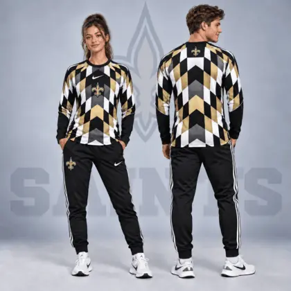 New Orleans Saints | Premium NFL Diamond Chevron Geometric Print Long Sleeve Shirt & Striped Jogger Pants Set NDN