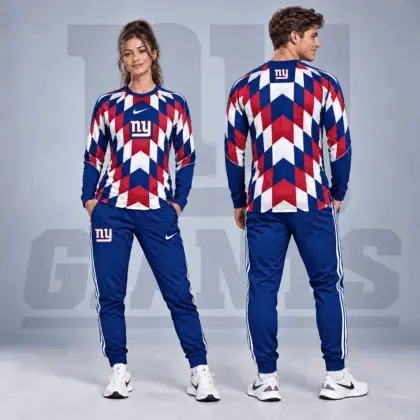 New York Giants | Premium NFL Diamond Chevron Geometric Print Long Sleeve Shirt & Striped Jogger Pants Set NDN