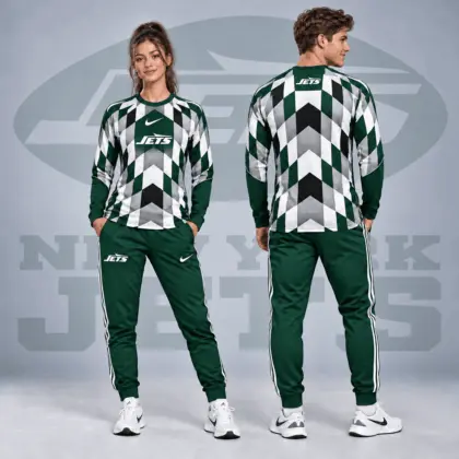 New York Jets | Premium NFL Diamond Chevron Geometric Print Long Sleeve Shirt & Striped Jogger Pants Set NDN