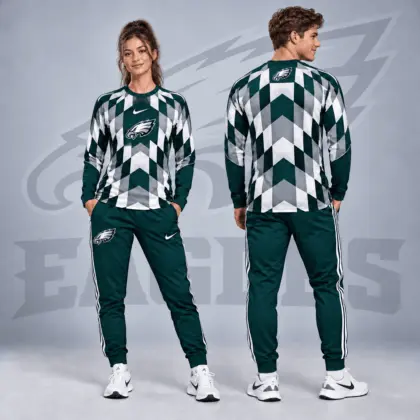 Philadelphia Eagles | Premium NFL Diamond Chevron Geometric Print Long Sleeve Shirt & Striped Jogger Pants Set NDN