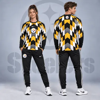 Pittsburgh Steelers | Premium NFL Diamond Chevron Geometric Print Long Sleeve Shirt & Striped Jogger Pants Set NDN
