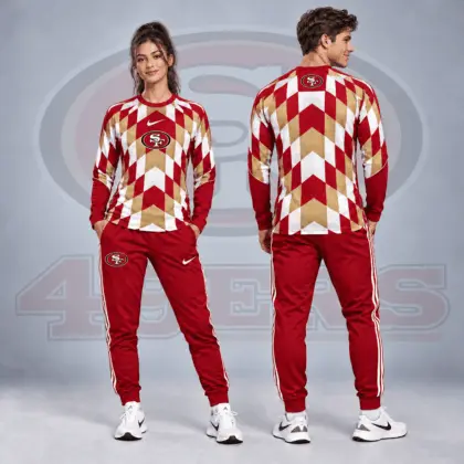 San Francisco 49ers | Premium NFL Diamond Chevron Geometric Print Long Sleeve Shirt & Striped Jogger Pants Set NDN