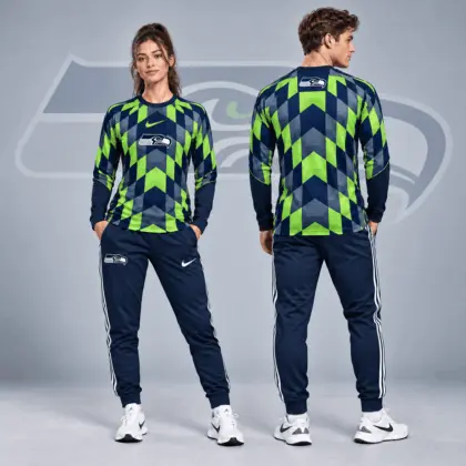 Seattle Seahawks | Premium NFL Diamond Chevron Geometric Print Long Sleeve Shirt & Striped Jogger Pants Set NDN