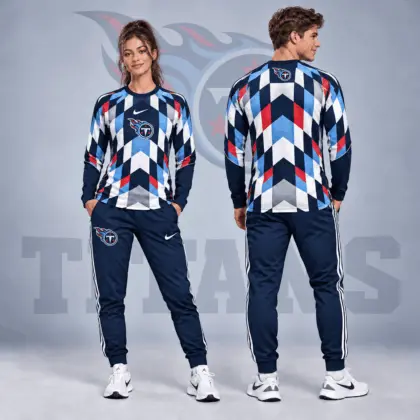 Tennessee Titans | Premium NFL Diamond Chevron Geometric Print Long Sleeve Shirt & Striped Jogger Pants Set NDN