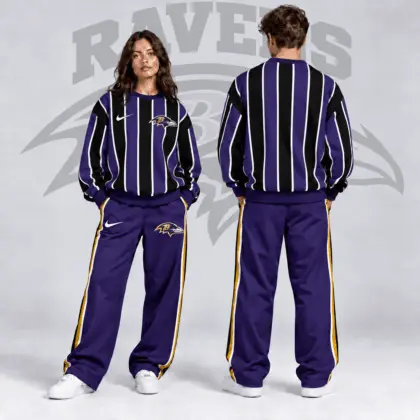 Baltimore Ravens | Premium NFL Retro Vertical Pinstripe Crewneck Sweatshirt & Wide Leg Track Pants Set NDN