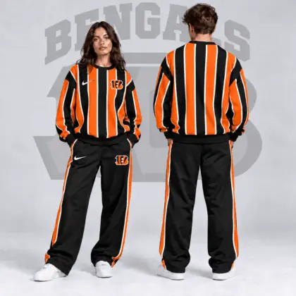 Cincinnati Bengals | Premium NFL Retro Vertical Pinstripe Crewneck Sweatshirt & Wide Leg Track Pants Set NDN