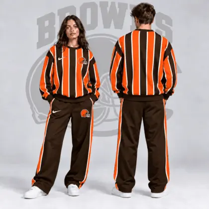 Cleveland Browns | Premium NFL Retro Vertical Pinstripe Crewneck Sweatshirt & Wide Leg Track Pants Set NDN