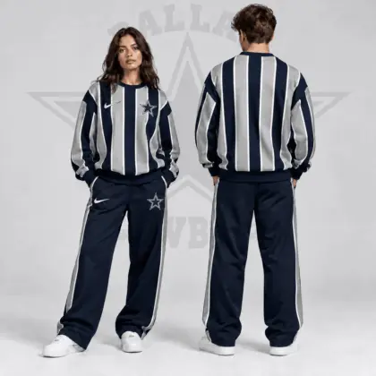 Dallas Cowboys | Premium NFL Retro Vertical Pinstripe Crewneck Sweatshirt & Wide Leg Track Pants Set NDN