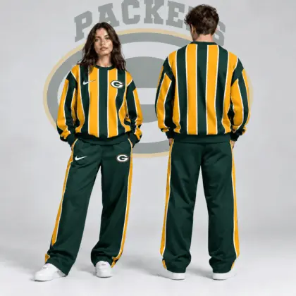 Green Bay Packers | Premium NFL Retro Vertical Pinstripe Crewneck Sweatshirt & Wide Leg Track Pants Set NDN