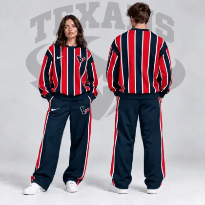 Houston Texans | Premium NFL Retro Vertical Pinstripe Crewneck Sweatshirt & Wide Leg Track Pants Set NDN