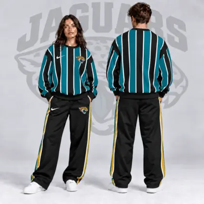 Jacksonville Jaguars | Premium NFL Retro Vertical Pinstripe Crewneck Sweatshirt & Wide Leg Track Pants Set NDN