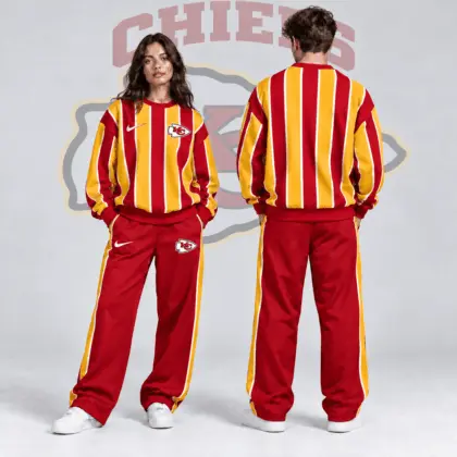 Kansas City Chiefs | Premium NFL Retro Vertical Pinstripe Crewneck Sweatshirt & Wide Leg Track Pants Set NDN