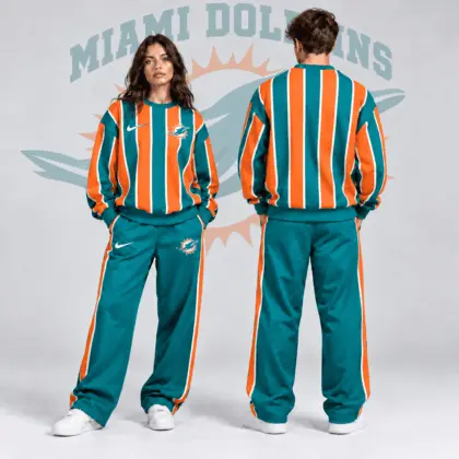 Miami Dolphins | Premium NFL Retro Vertical Pinstripe Crewneck Sweatshirt & Wide Leg Track Pants Set NDN