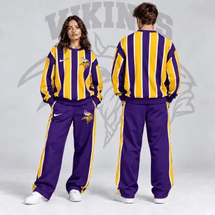 Minnesota Vikings | Premium NFL Retro Vertical Pinstripe Crewneck Sweatshirt & Wide Leg Track Pants Set NDN